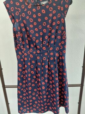Neiman Marcus Lip Print Navy Fit-and-Flare Dress